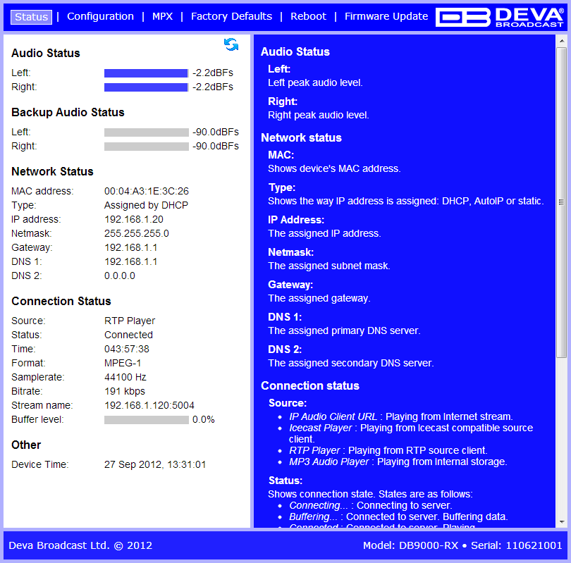 DB9000 RX: Status