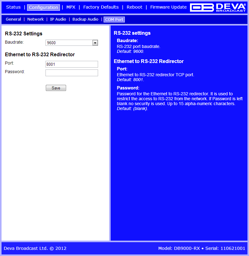DB9000 RX: RS 232